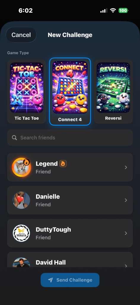 ChatCade New Challenge screen with Tic Tac Toe, Connect 4, and Reversi options.