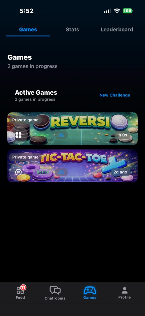 ChatCade Games tab showing active game sessions in progress.