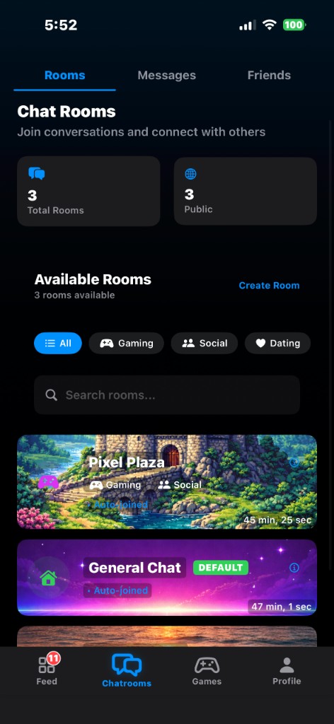 ChatCade chat rooms screen showing themed room cards and room categories.